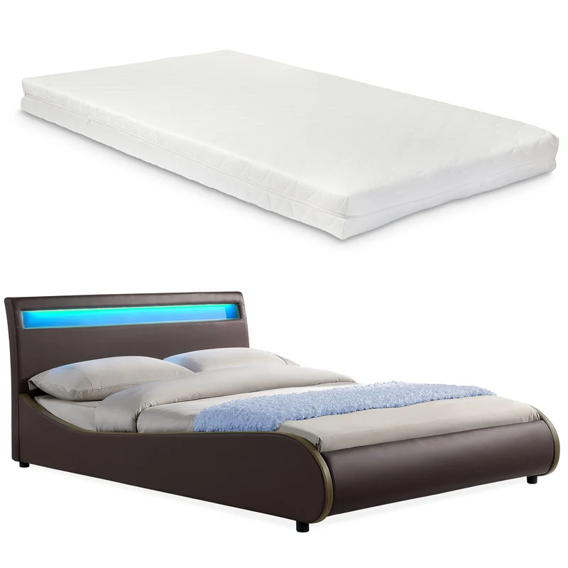 [Corium] Cama de cuero sintético moderna (Valencia) - [neu.haus] Colchón de espuma fría - con sistema de iluminación LED