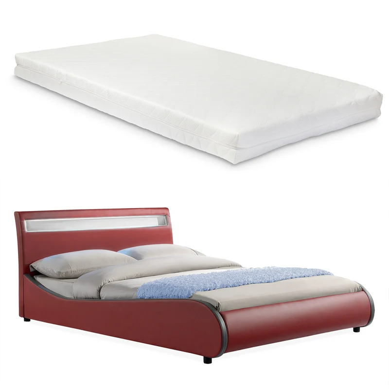 [Corium] Cama de cuero sintético moderna (Valencia) - [neu.haus] Colchón de espuma fría - con sistema de iluminación LED