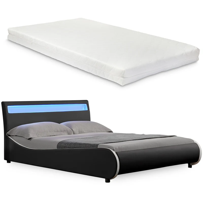 [Corium] Cama de cuero sintético moderna (Valencia) - [neu.haus] Colchón de espuma fría - con sistema de iluminación LED