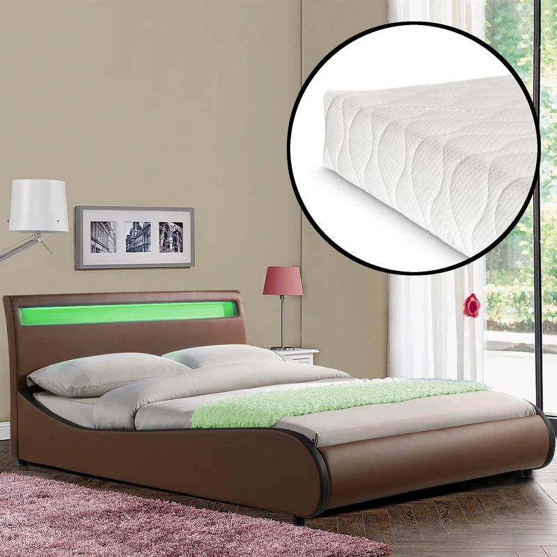 [Corium] Cama de cuero sintético moderna (Valencia) - [neu.haus] Colchón de espuma fría - con sistema de iluminación LED