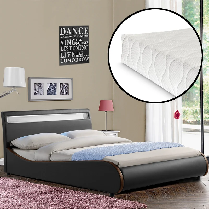 [Corium] Cama de cuero sintético moderna (Valencia) - [neu.haus] Colchón de espuma fría - con sistema de iluminación LED