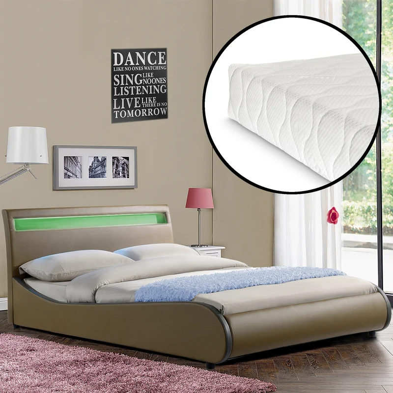 [Corium] Cama de cuero sintético moderna (Valencia) - [neu.haus] Colchón de espuma fría - con sistema de iluminación LED