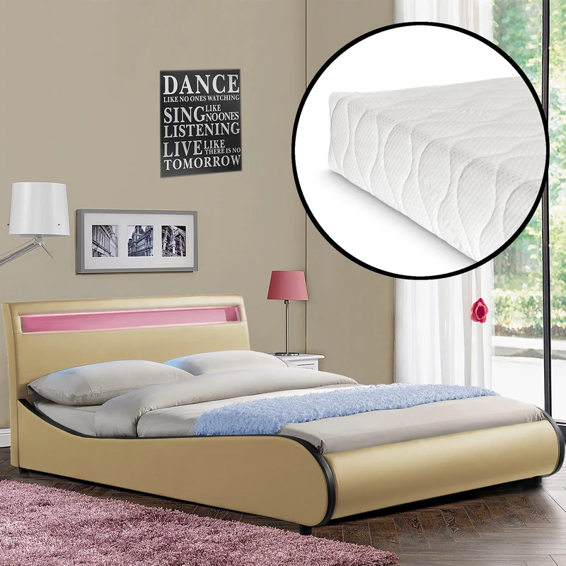 [Corium] Cama de cuero sintético moderna (Valencia) - [neu.haus] Colchón de espuma fría - con sistema de iluminación LED
