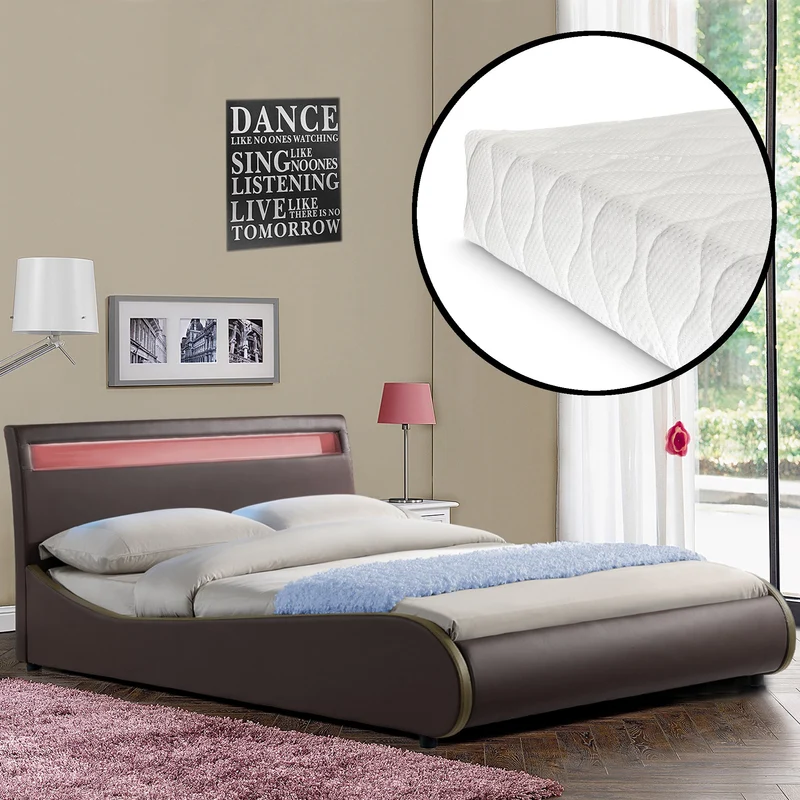[Corium] Cama de cuero sintético moderna (Valencia) - [neu.haus] Colchón de espuma fría - con sistema de iluminación LED