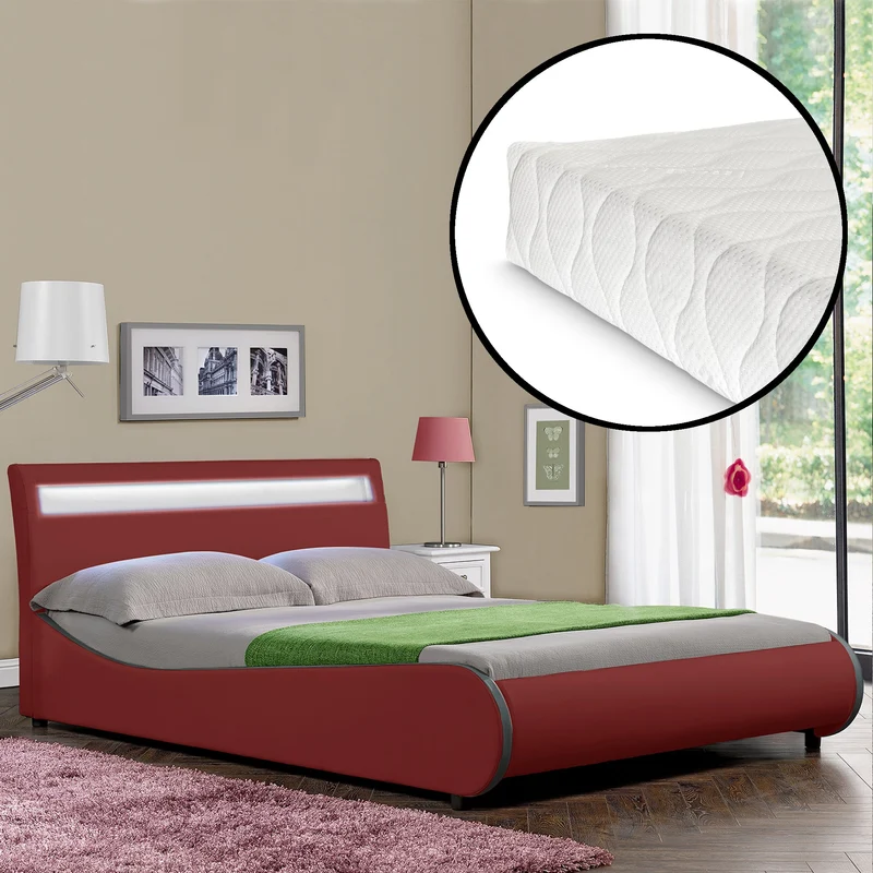 [Corium] Cama de cuero sintético moderna (Valencia) - [neu.haus] Colchón de espuma fría - con sistema de iluminación LED