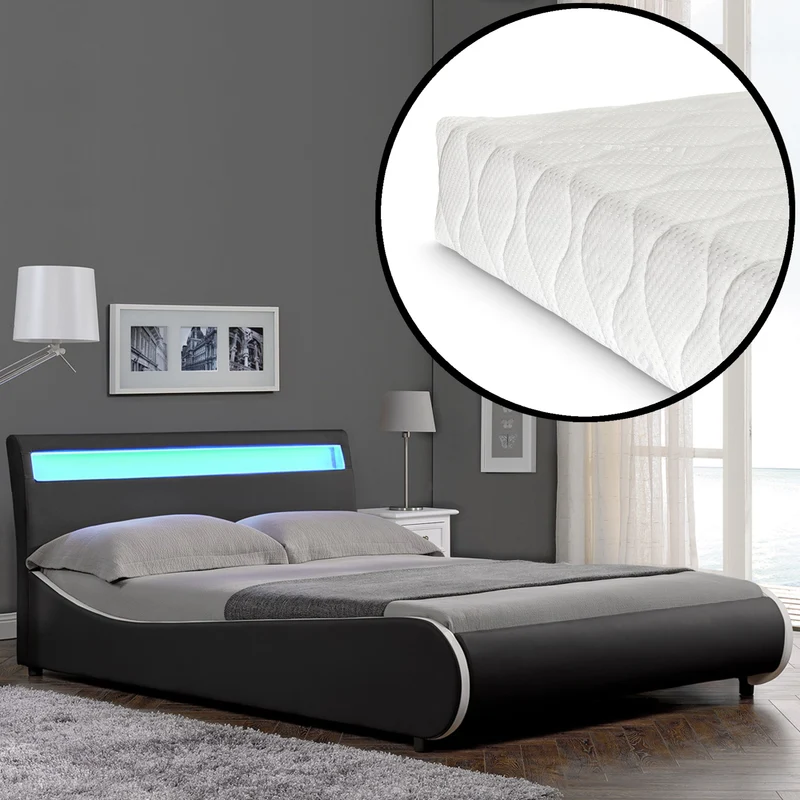 [Corium] Cama de cuero sintético moderna (Valencia) - [neu.haus] Colchón de espuma fría - con sistema de iluminación LED