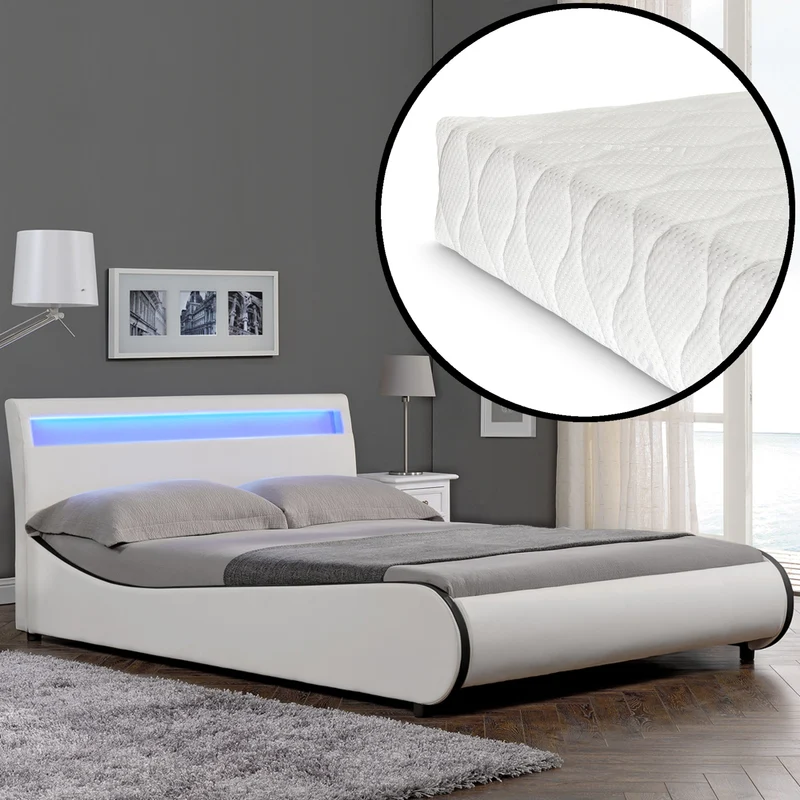 [Corium] Cama de cuero sintético moderna (Valencia) - [neu.haus] Colchón de espuma fría - con sistema de iluminación LED