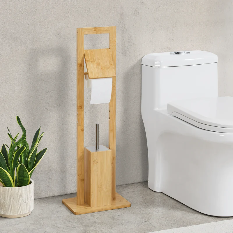 Juego de baño Västerås Soporte para papel higiénico con cepillo de inodoro Bambú [en.casa]