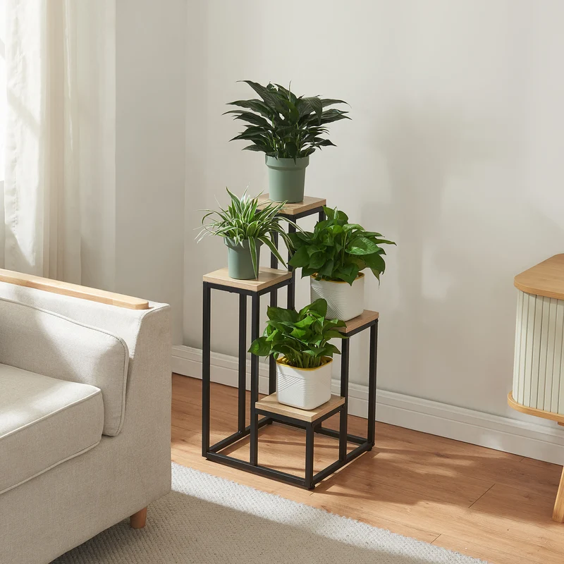 Soporte para plantas Ameland 4 niveles metal 67x34x34 cm Negro / Roble [en.casa]