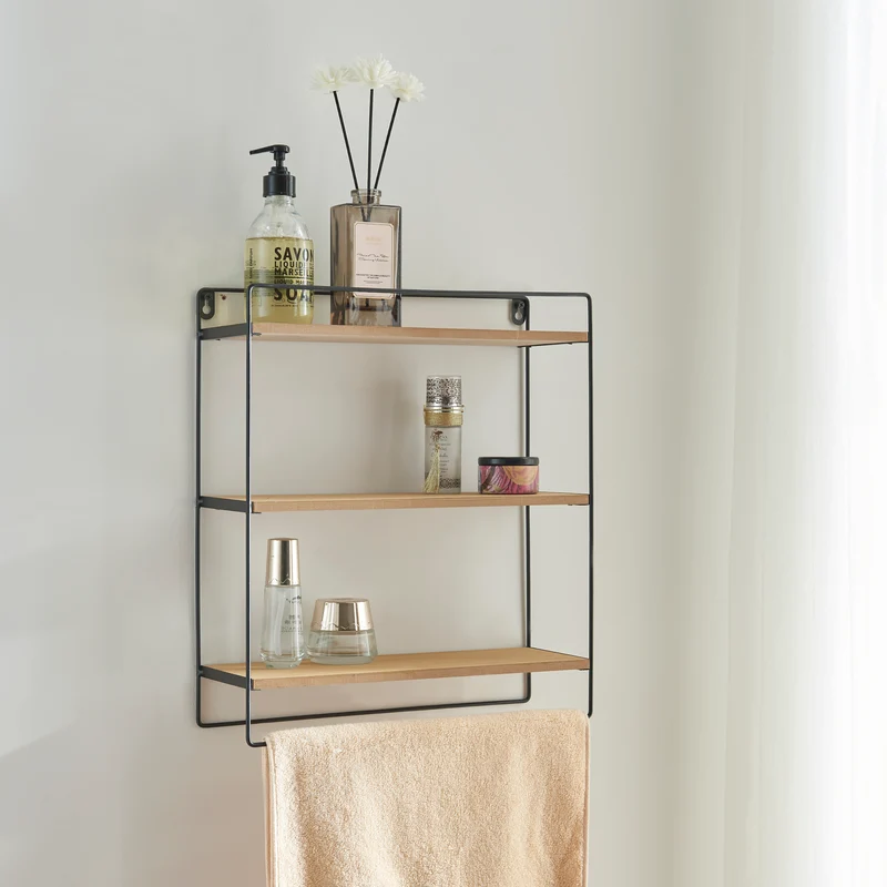 Estantería de pared Skovbo con 3 superficies de almacenamiento Negro/Color madera [en.casa]