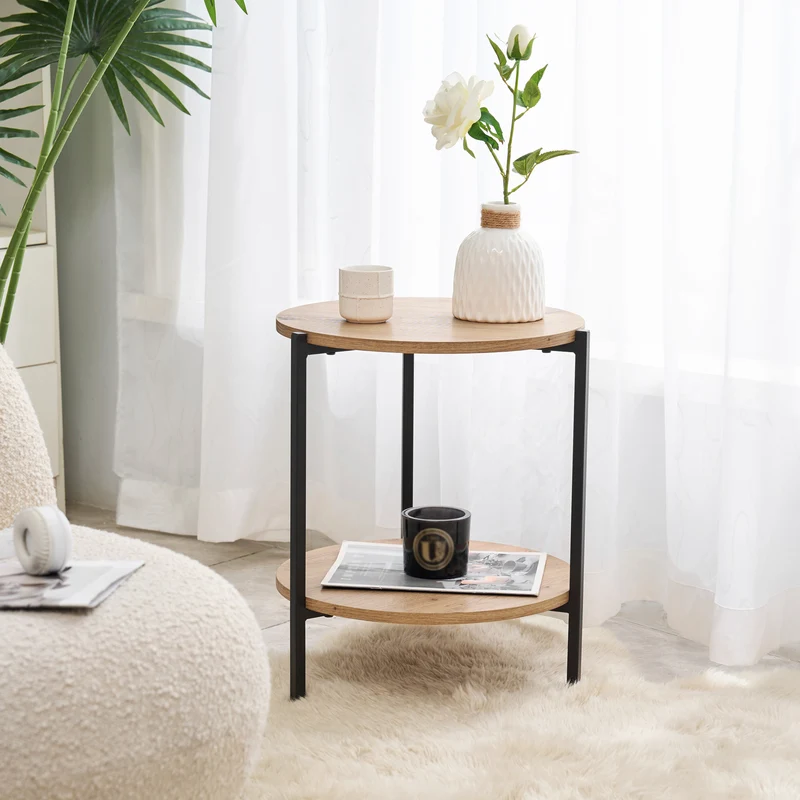 Mesa auxiliar Kuopio 50xØ40cm Negro/Aspecto madera [en.casa]