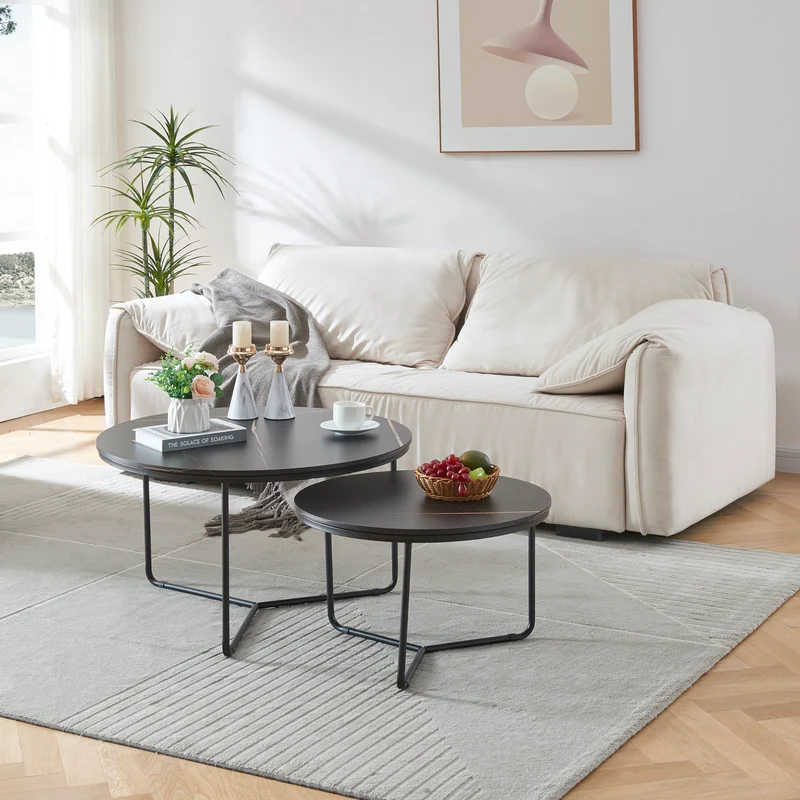 Mesa auxiliar Poxdorf 2 piezas, aspecto mármol, negro [en.casa]