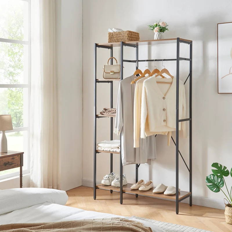 Perchero burro Hvidovre con 5 estantes 170x100x35 cm - Negro / Efecto madera [en.casa]