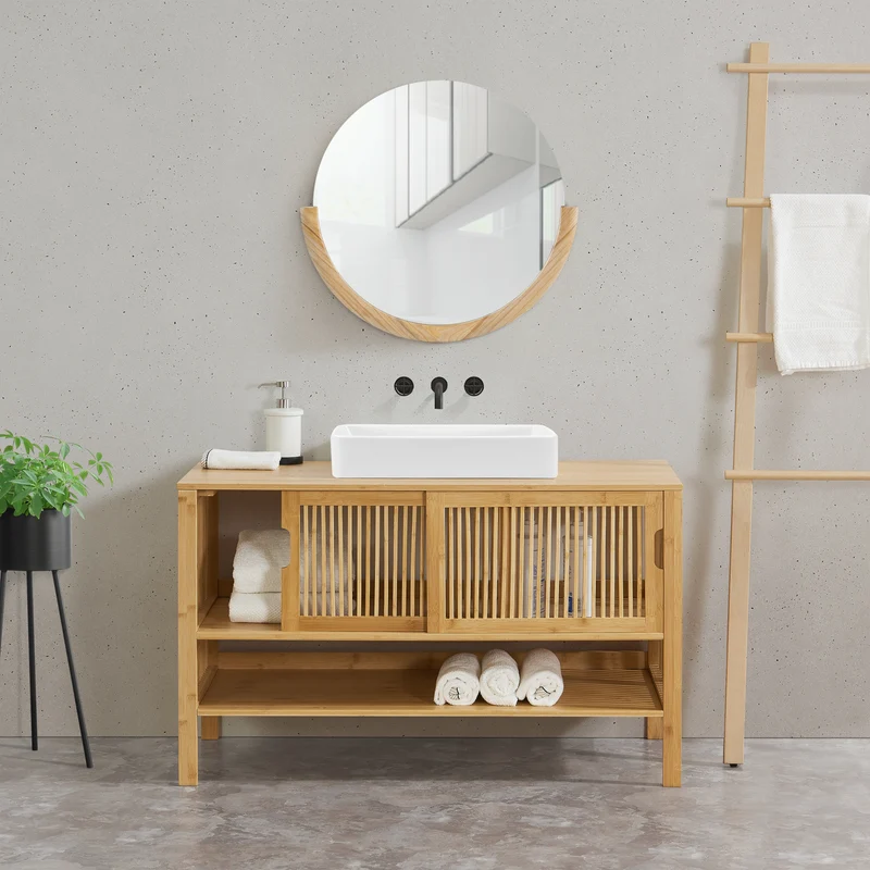 Mueble para debajo del lavabo Hvaler con puertas corredoras y 1 estante bambú 60x100x45cm - Natural [en.casa]