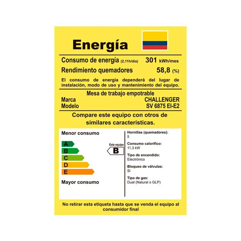 Estufa de Empotrar Challenger 5 Puestos Gas Natural, Plateado