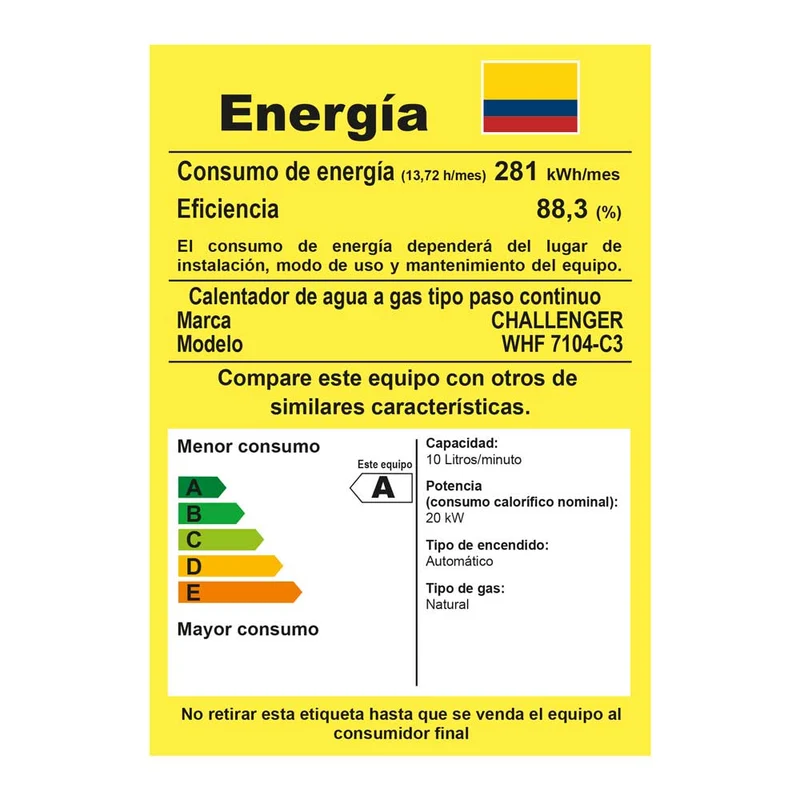 Calentador Gas Natural Challenger, Negro 10L-Tf