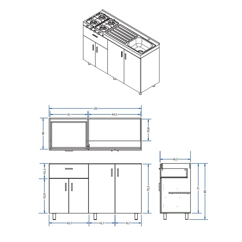Mueble Base para Cocina 150cm 1 Cajón 4 Puertas Challenger Sa23150 Nola