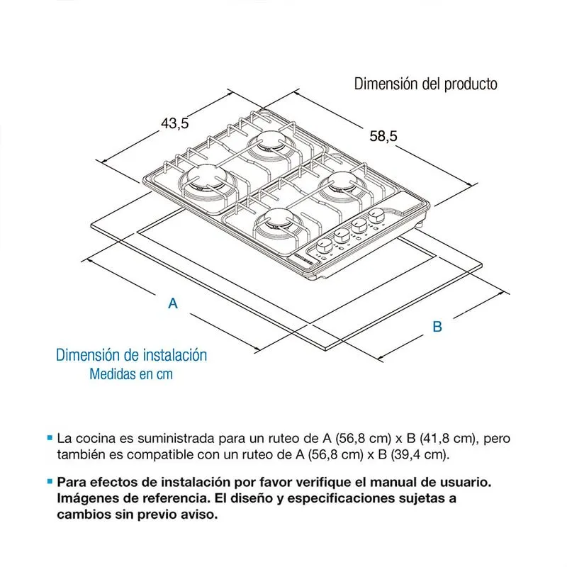 Estufa Empotrar Inox 4 Puestos 58.5cm Gas Natural Challenger Sp6043