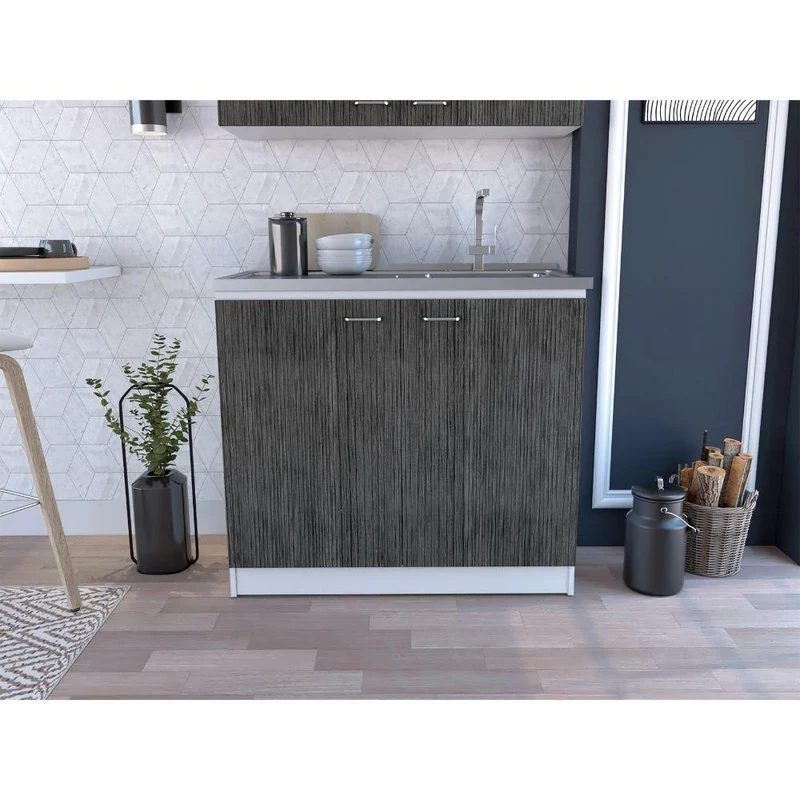 Gabinete Inferior Cantabria, Blanco y Gris, Ideal para Espacio Reducidos, con Mesón Derecho ZF