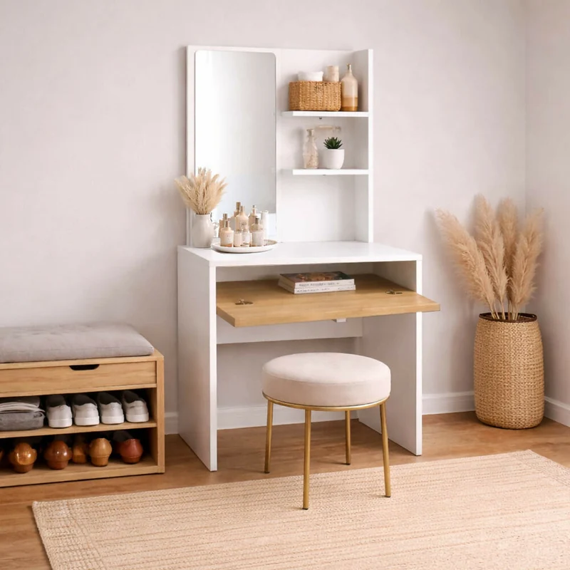 Tocador Touluse con Espejo Repisas 140x70x40cm Blanco-Madera