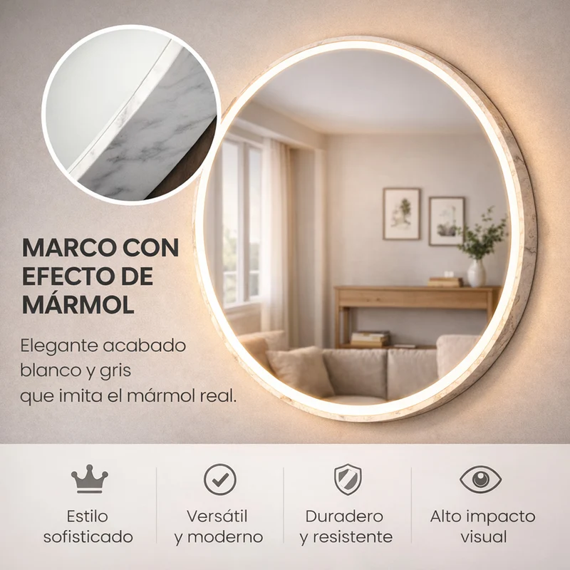 Espejo Marble Redondo con Marco, Blanco