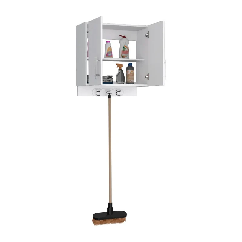 Mueble Auxiliar de Aseo Sotavento, Blanco, Colgador de Escobas y Dos Entrepaños ZF