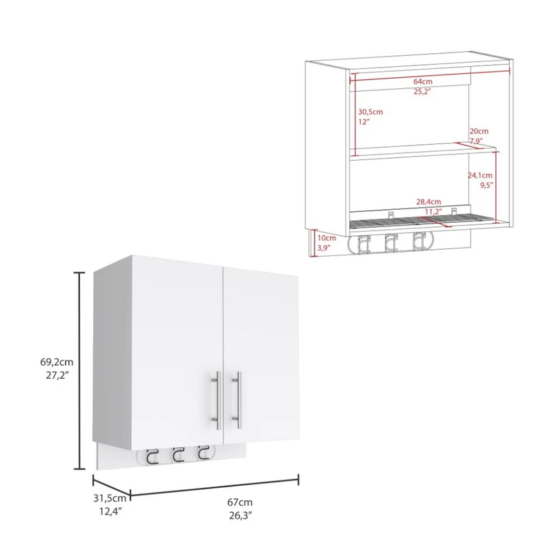 Mueble Auxiliar de Aseo Sotavento, Blanco, Colgador de Escobas y Dos Entrepaños ZF