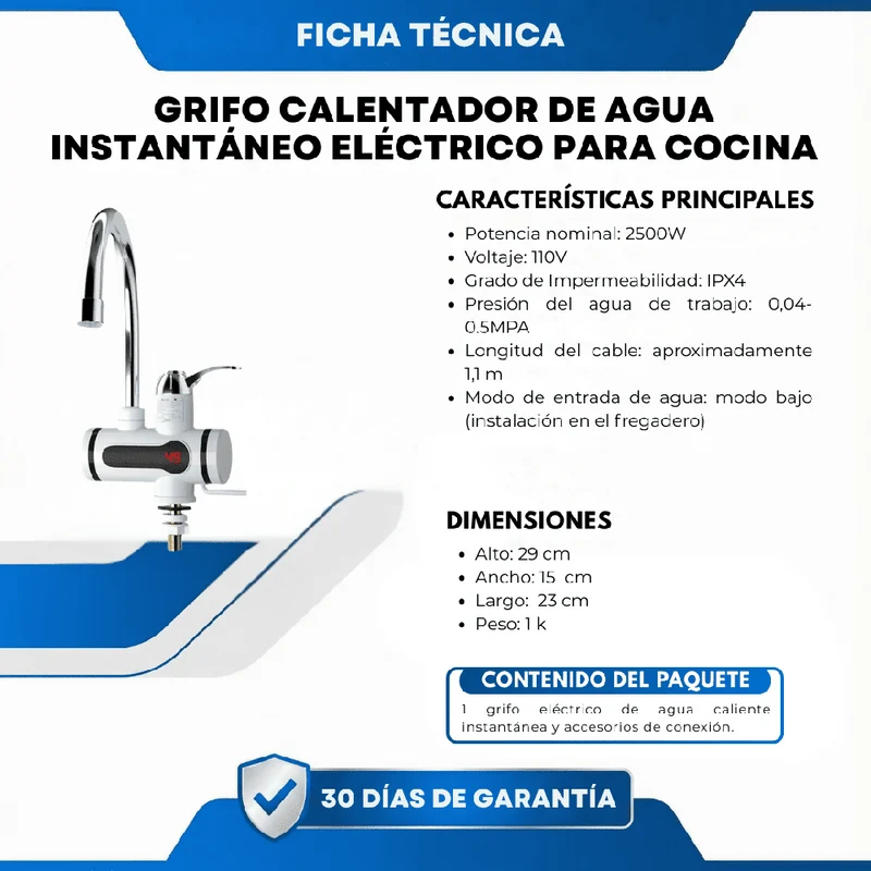 Grifo Calentador de Agua Instantáneo Eléctrico para Cocina