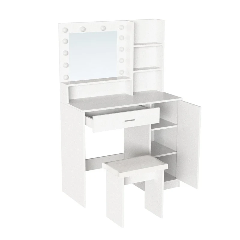 Tocador con Luces LED Aura, Blanco Mate, Incluye la Silla