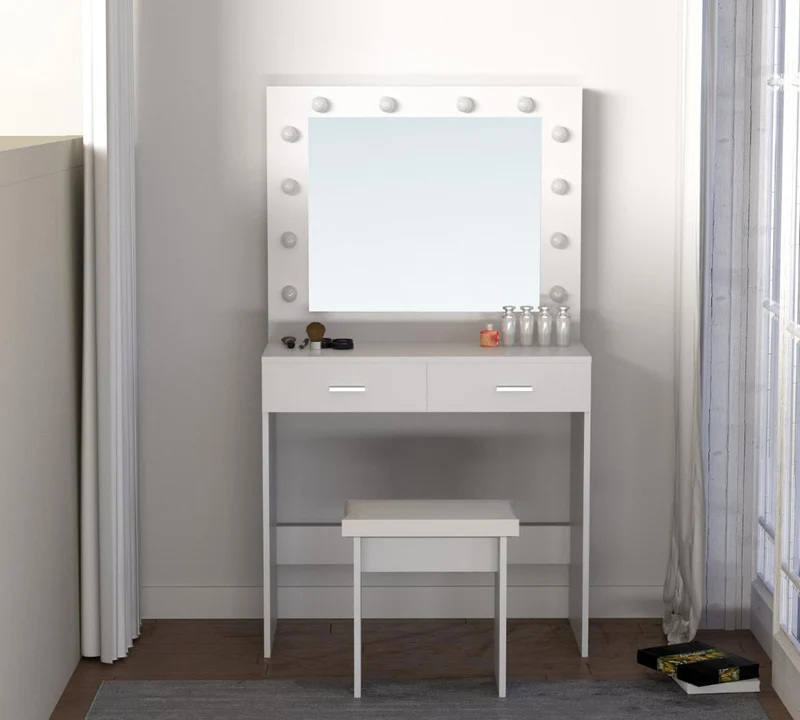 Tocador con Luces LED Bella, Blanco Mate, Incluye la Silla