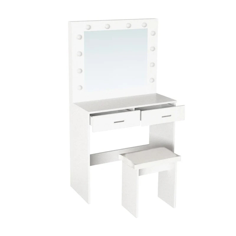 Tocador con Luces LED Bella, Blanco Mate, Incluye la Silla