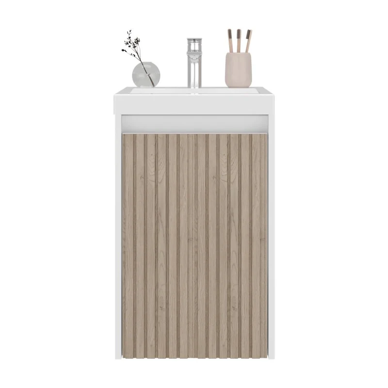 Mueble de Lavamanos Syra, Kronos Blanco Duqueza y Roble Natural, con Textura Ranurada Incluye Lavamanos ZF