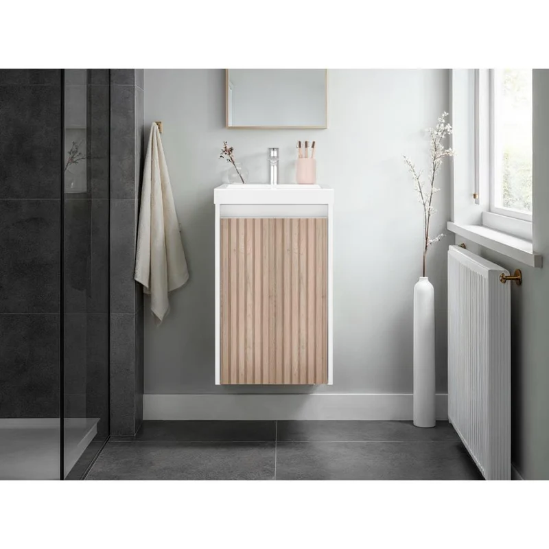 Mueble de Lavamanos Syra, Kronos Blanco Duqueza y Roble Natural, con Textura Ranurada Incluye Lavamanos ZF