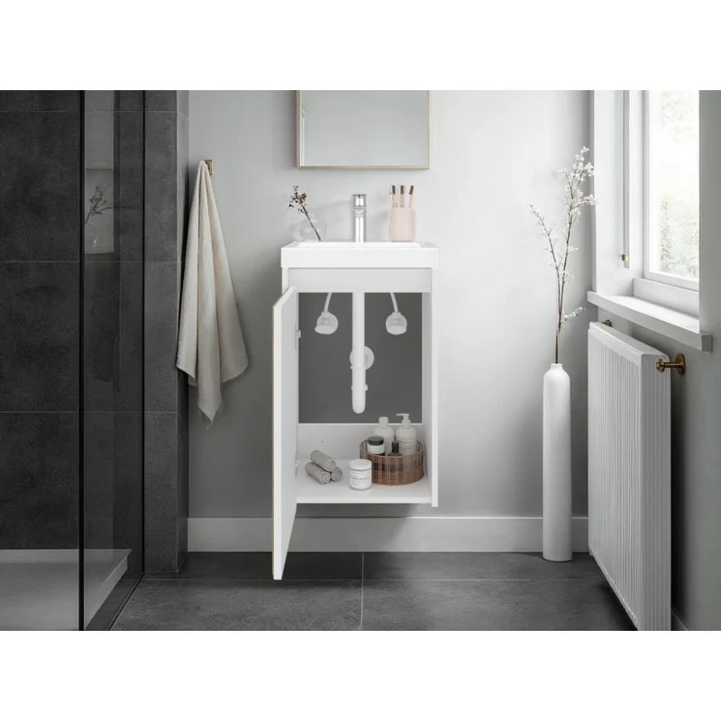 Mueble de Lavamanos Syra, Kronos Blanco Duqueza y Roble Natural, con Textura Ranurada Incluye Lavamanos ZF