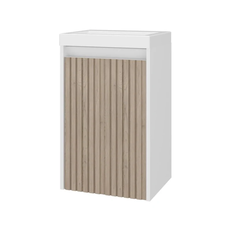 Mueble de Lavamanos Syra, Kronos Blanco Duqueza y Roble Natural, con Textura Ranurada Incluye Lavamanos ZF