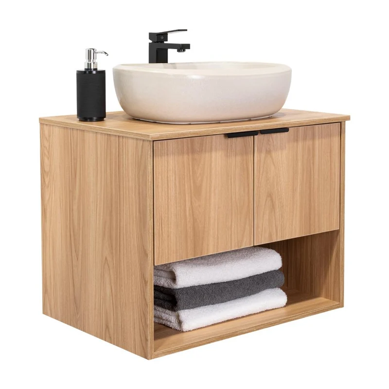 Mueble para Lavamanos Castel, Fresno Europeo, Incluye Lavamanos Corona en Porcelana Sanitaria