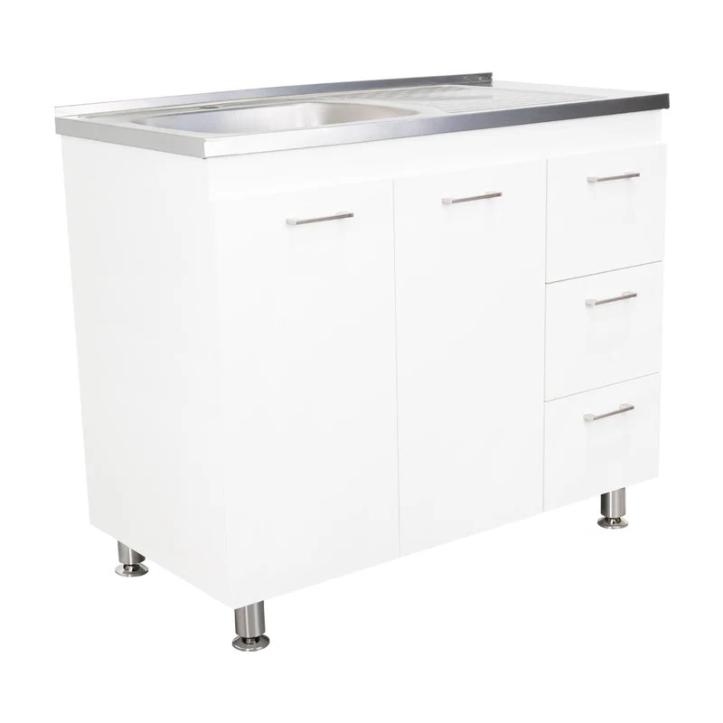 Gabinete Inferior Stella, Blanco Perla, con Dos Puertas Batientes y Tres Cajones Deslizables, con Mesón Izquierdo