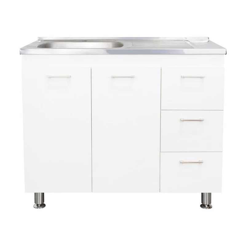Gabinete Inferior Stella, Blanco Perla, con Dos Puertas Batientes y Tres Cajones Deslizables, con Mesón Izquierdo