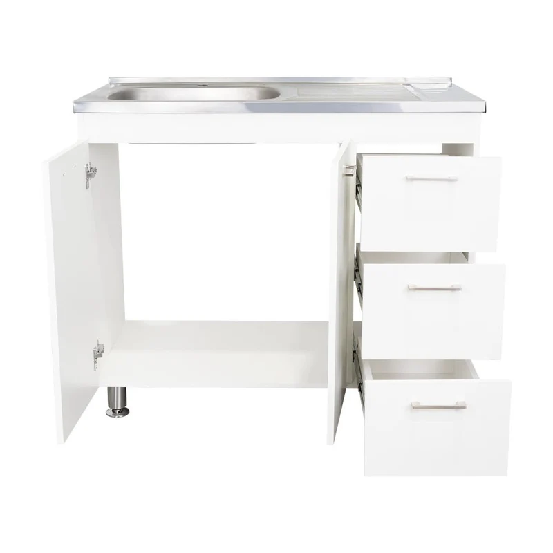 Gabinete Inferior Stella, Blanco Perla, con Dos Puertas Batientes y Tres Cajones Deslizables, con Mesón Izquierdo