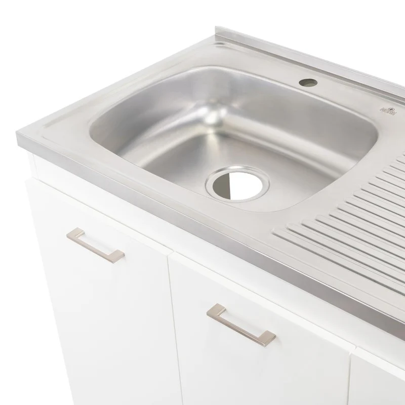 Gabinete Inferior Stella, Blanco Perla, con Dos Puertas Batientes y Tres Cajones Deslizables, con Mesón Izquierdo