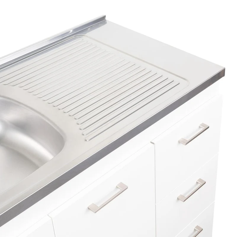 Gabinete Inferior Stella, Blanco Perla, con Dos Puertas Batientes y Tres Cajones Deslizables, con Mesón Izquierdo