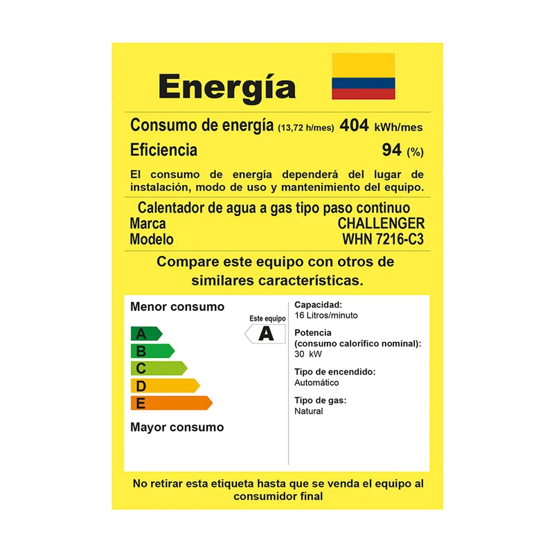 Calentador de Paso a Gas Challenger 16lts Tiro Natural