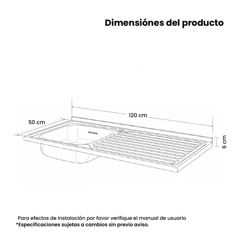 Mesón Poceta Challenger Izquiero, 1,20/POC, Acero Inoxidable