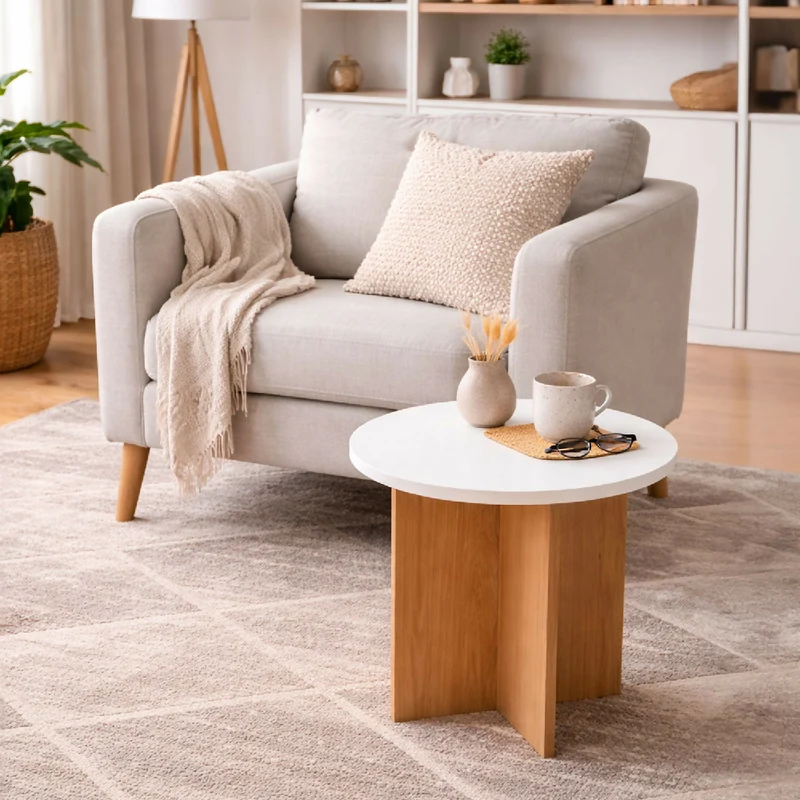 Mesa Auxiliar Lenon, Madera Natural y Blanco