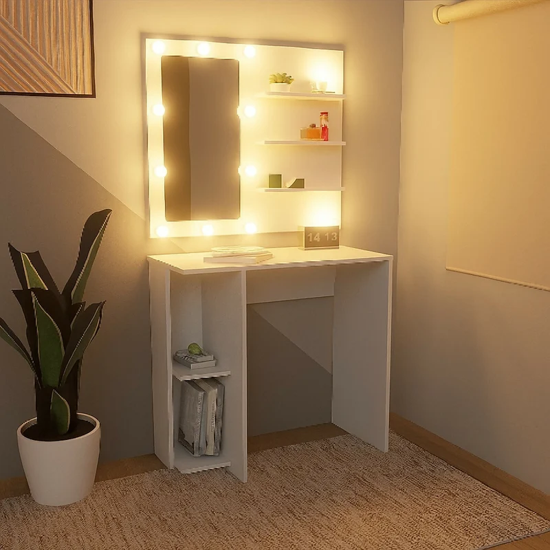 Tocador Holly con Luces LED 77x80x40cm Blanco + Silla Blanca