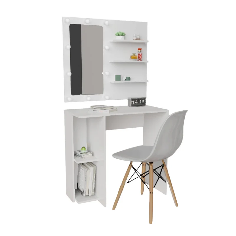 Tocador Holly con Luces LED 77x80x40cm Blanco + Silla Blanca