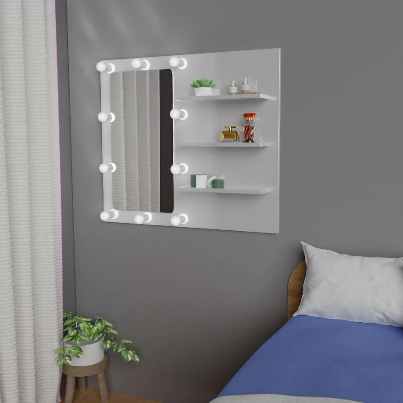Tocador Holly con Luces LED 77x80x40cm Blanco + Silla Blanca