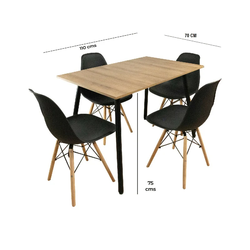 Combo Comedor Rectangular 4p (75x110x70) Amaretto + 4 Sillas Negras
