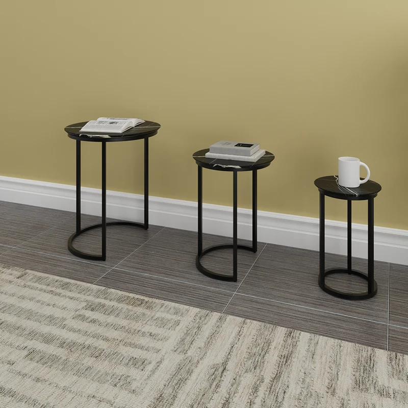 Mesa de Centro Tipo Mármol Set de 3, Negro