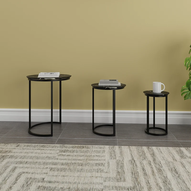 Mesa de Centro Tipo Mármol Set de 3, Negro